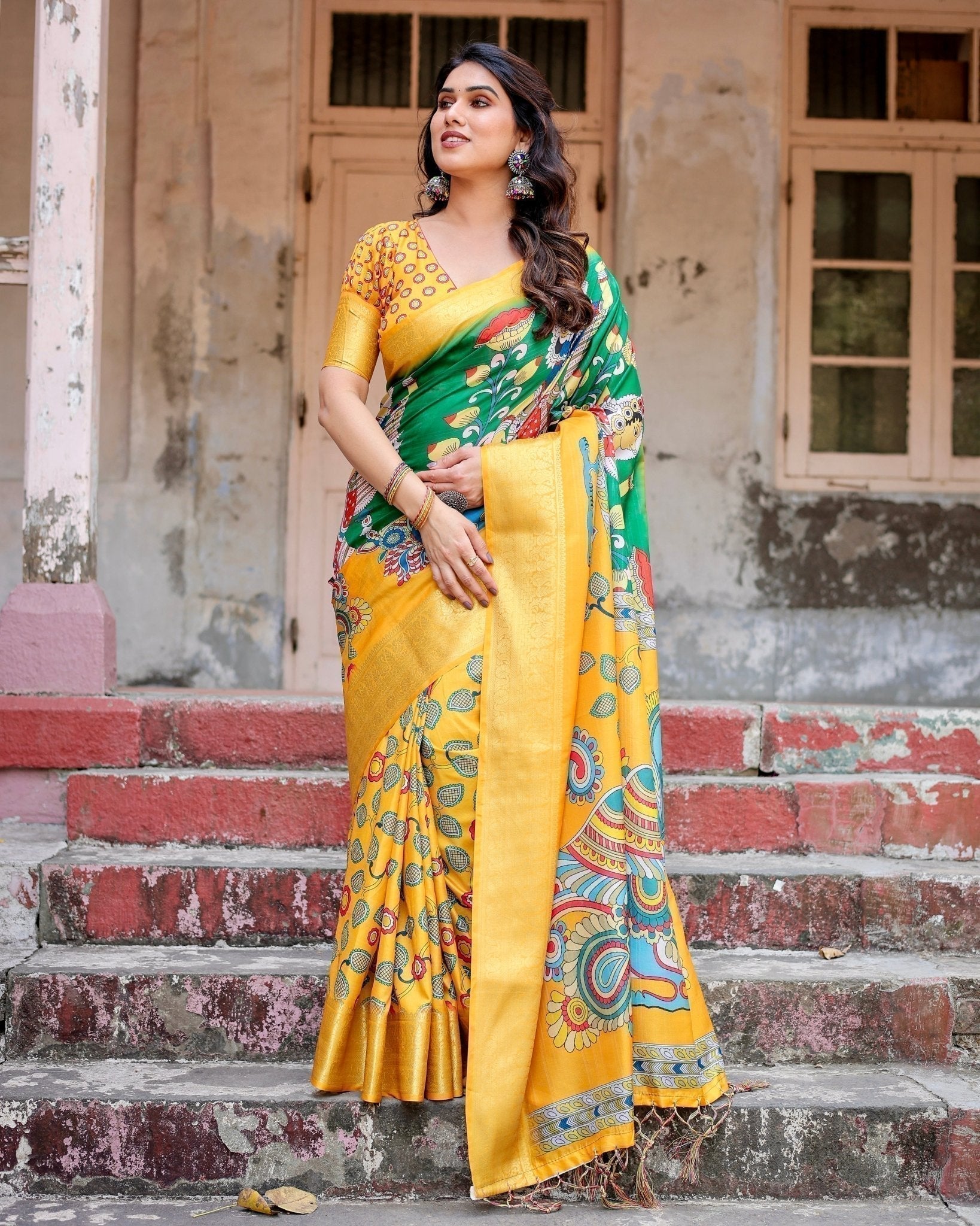 Golden Yellow Tussar Silk Saree with Vibrant Peacock Kalamkari Motifs