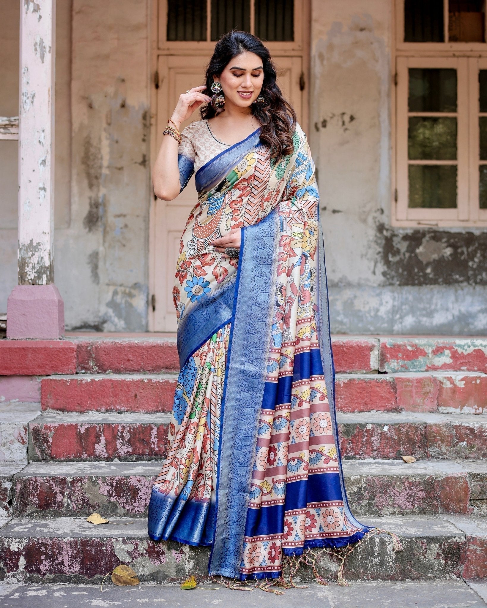 Multicolor Tussar Silk Saree with Artistic Floral Motifs and Traditional Blue Zari Border