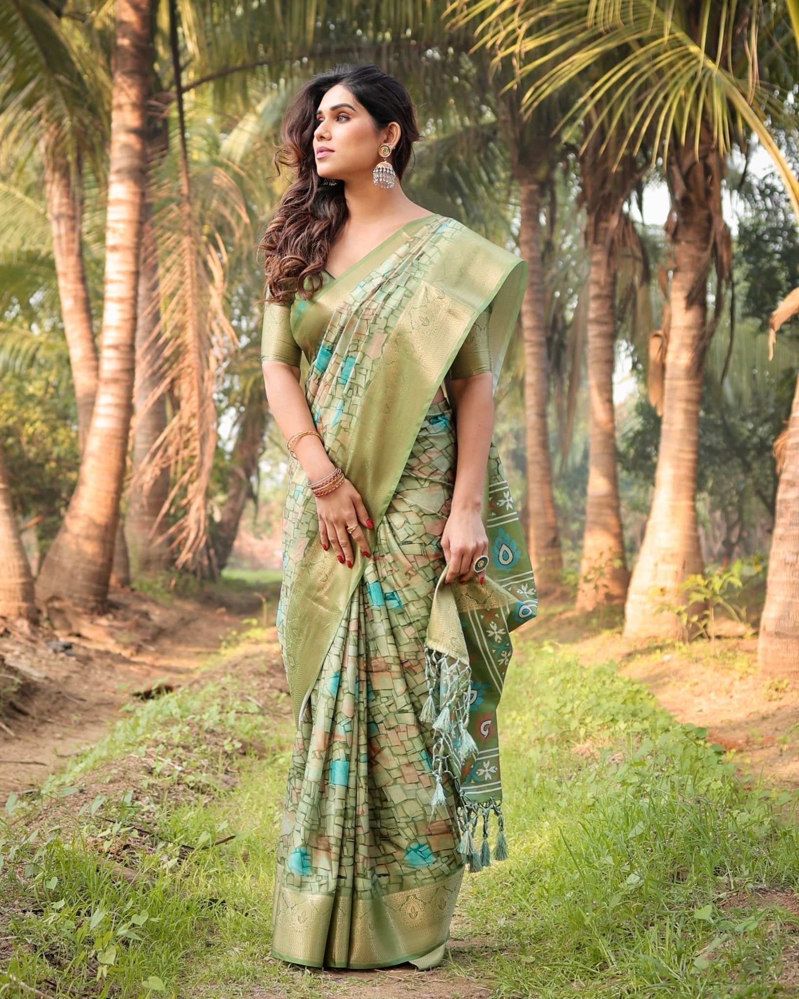 Elegant Light Green Tussar Silk Saree with Zari Motif Border and Contemporary Checkered Pallu Design