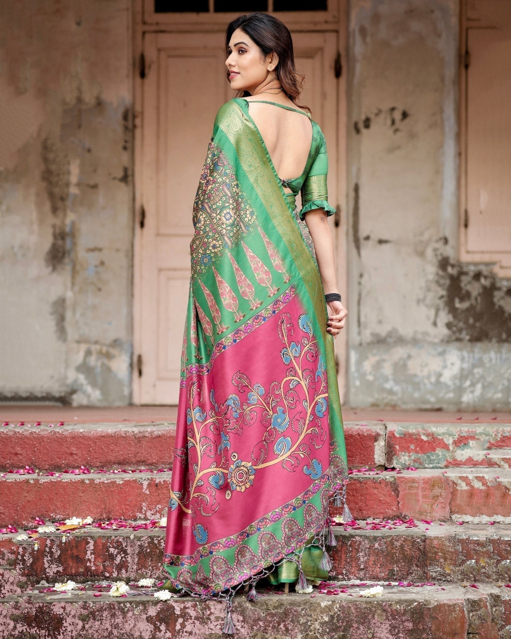 Emerald Green & Magenta Tussar Silk Saree with Zari Weave and Tassel Finish