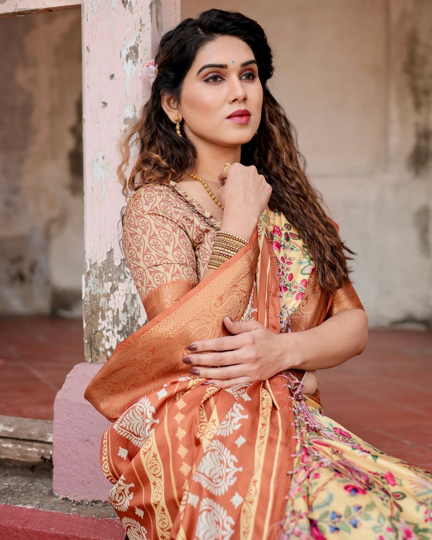 Golden Beige Tussar Silk Saree with Floral Paradise Print and Ornate Zari Border