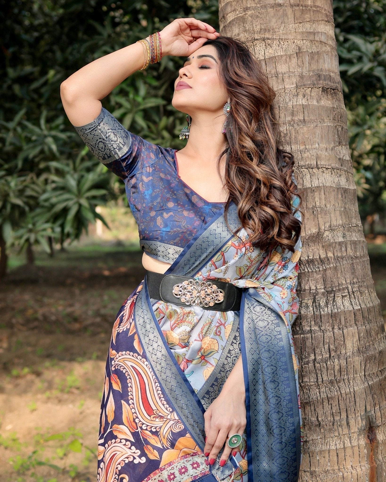 Sky Blue and Navy Digital Print Tussar Silk Saree with Zari Woven Border and Floral Motif Pallu