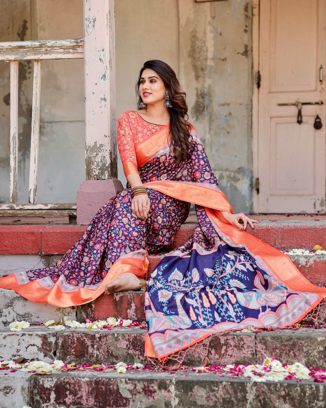 Navy Blue and Peach Tussar Silk Saree with Peacock Motifs and Floral Zari Border