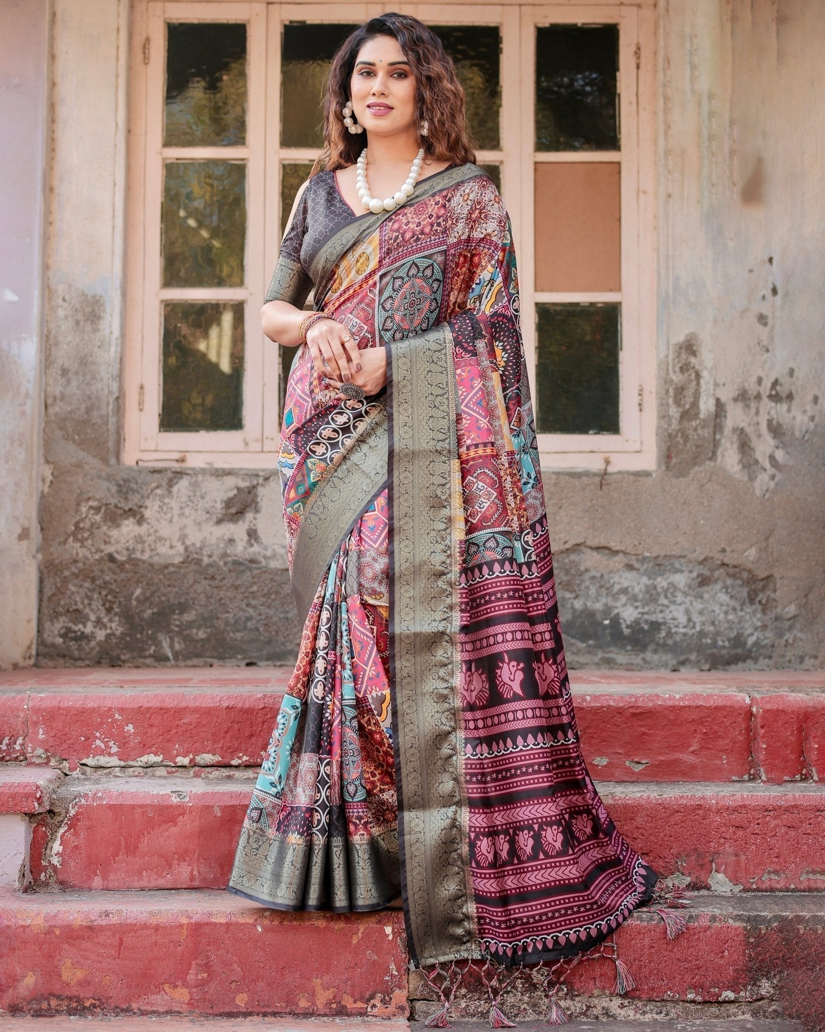 Multicolor Tussar Silk Saree with Ornamental Patchwork and Olive Zari Border