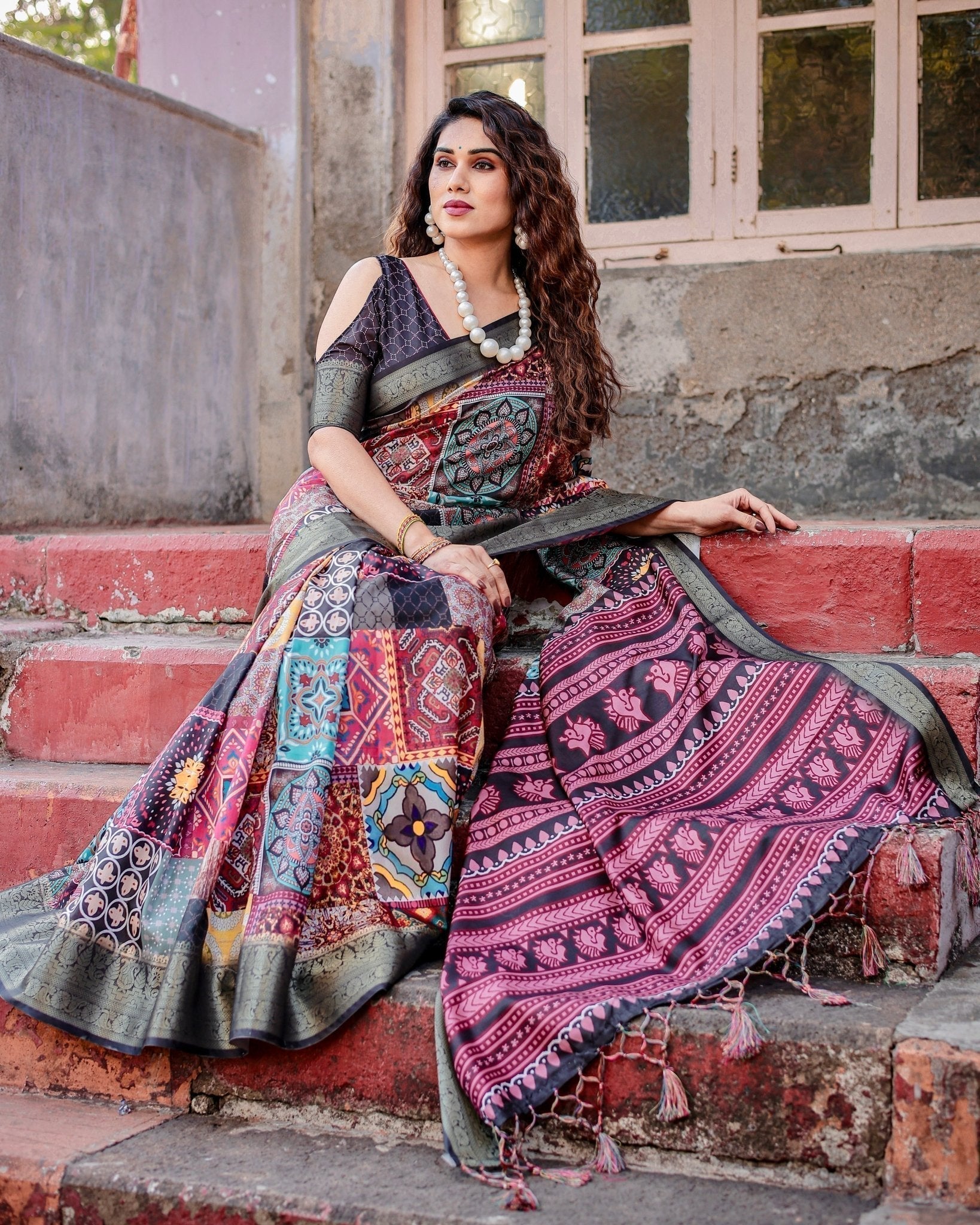 Multicolor Tussar Silk Saree with Ornamental Patchwork and Olive Zari Border