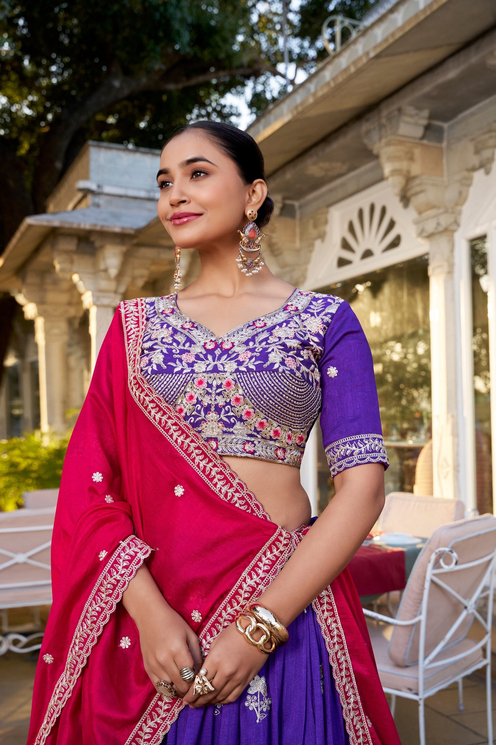 Purple Artistry Vichitra Silk Lehenga Set with Sequins & Embroidery