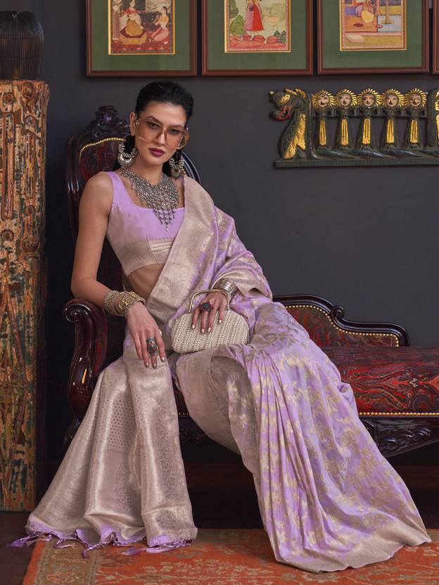 Purple Banarasi Silk Blend Saree with Bidri Work & Zari Buta – Gold Accents & Tassel Detailing
