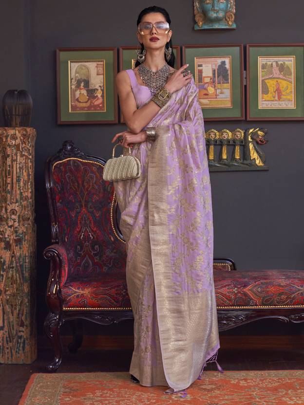 Purple Banarasi Silk Blend Saree with Bidri Work & Zari Buta – Gold Accents & Tassel Detailing