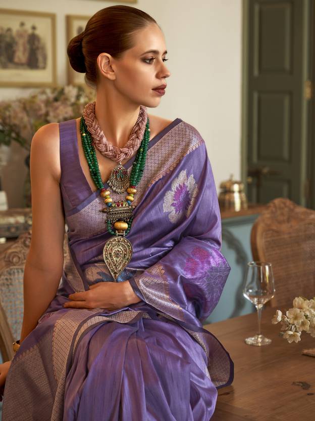 Purple Banarasi Silk Blend Saree with Unstitched Blouse Piece