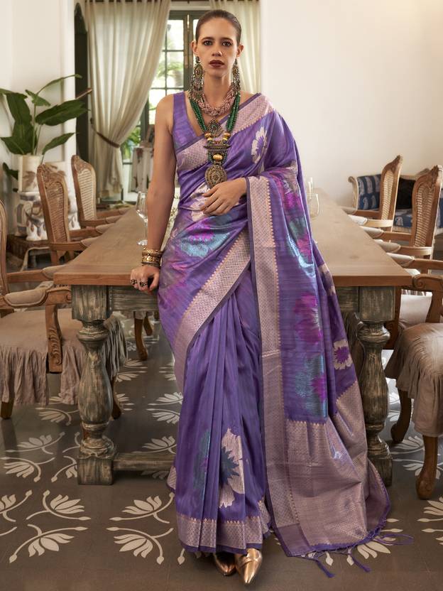 Purple Banarasi Silk Blend Saree with Unstitched Blouse Piece