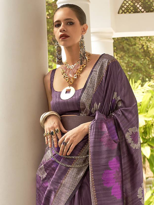 Purple Banarasi Silk Blend Saree with Unstitched Blouse Piece