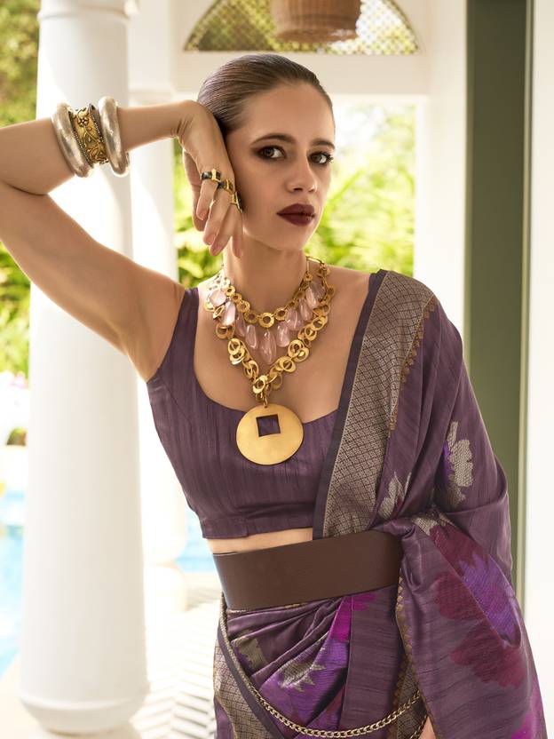 Purple Banarasi Silk Blend Saree with Unstitched Blouse Piece