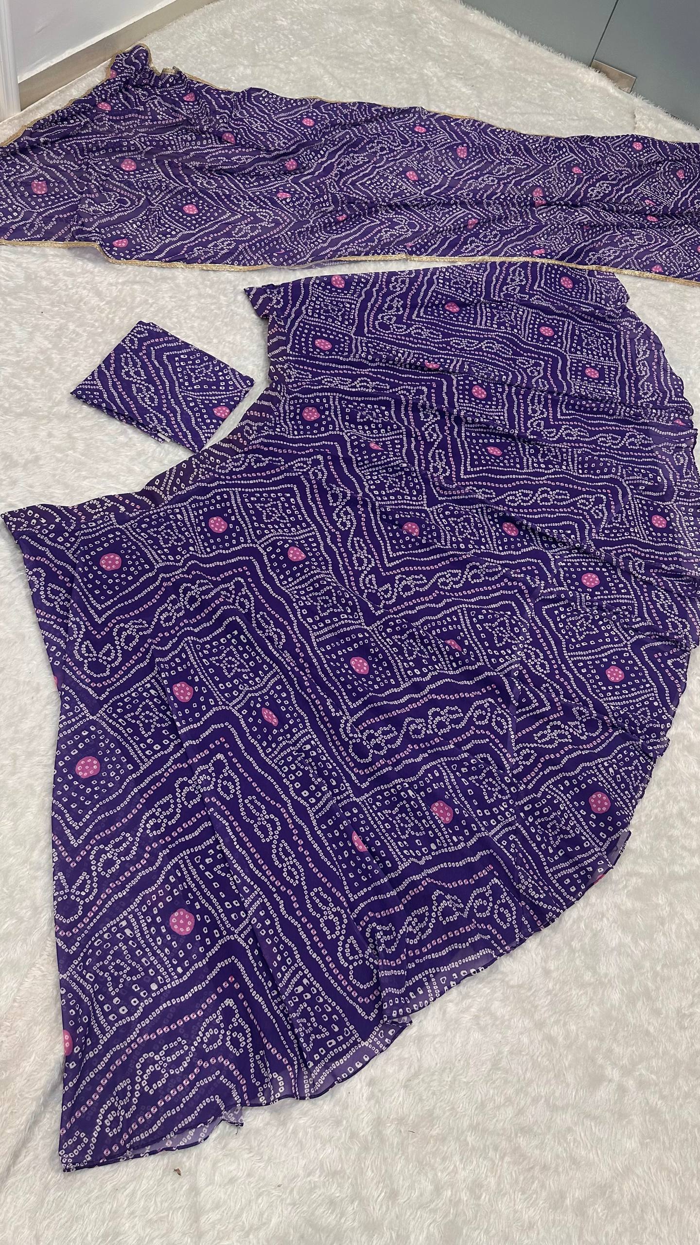 Purple Bandhani Print Faux Georgette Lehenga Choli Set with Dupatta –Navratri Special Festive Wear
