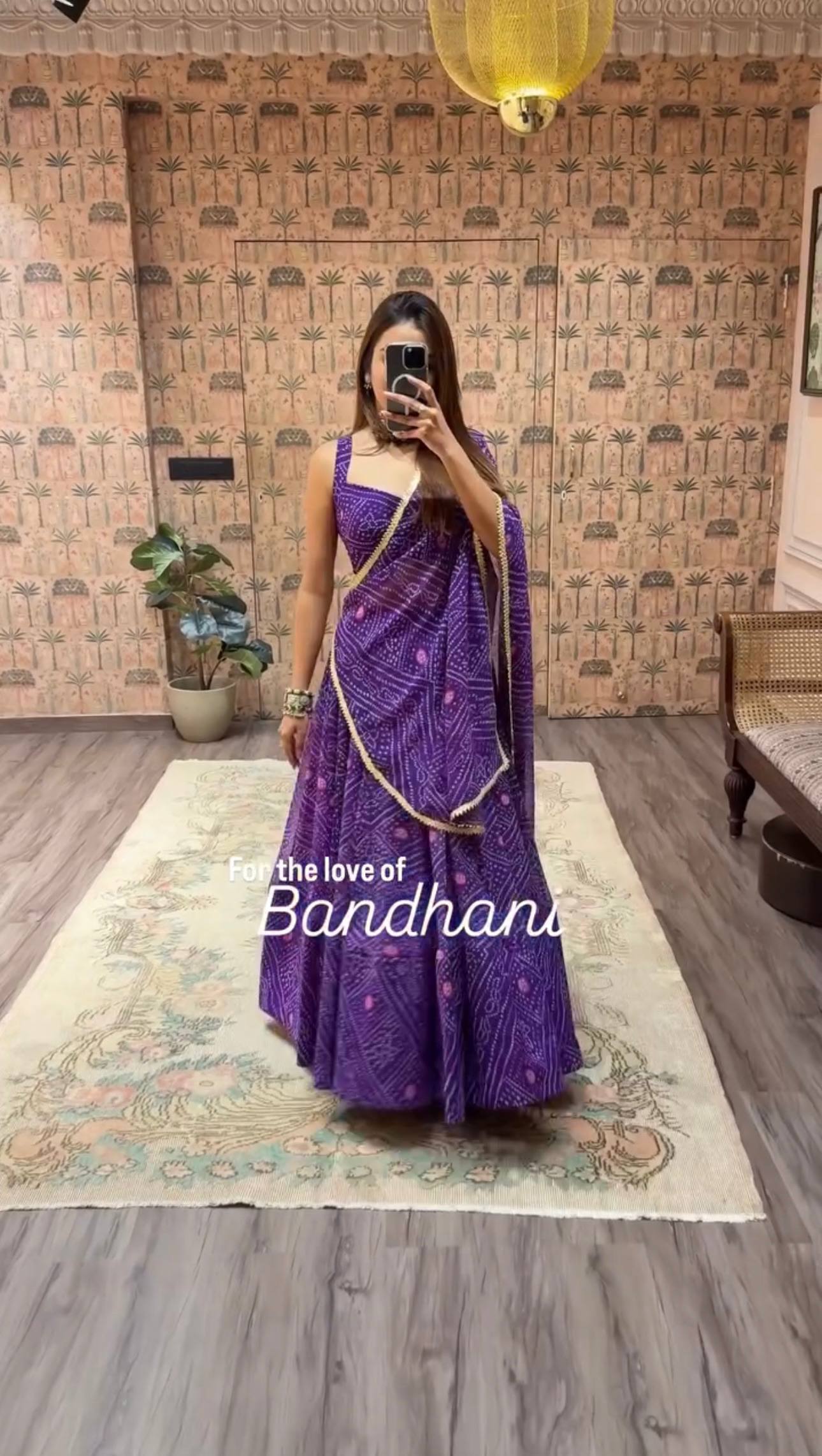 Purple Bandhani Print Faux Georgette Lehenga Choli Set with Dupatta –Navratri Special Festive Wear