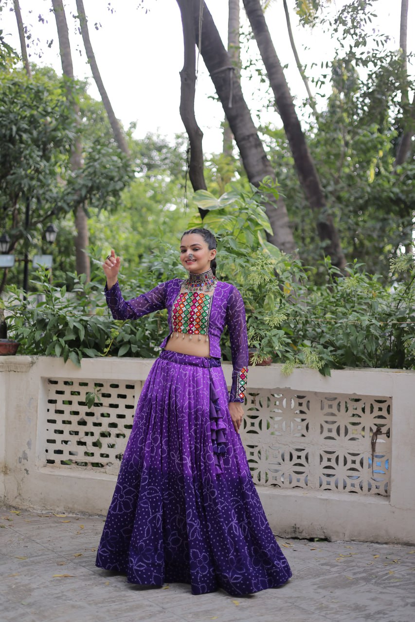 Purple Bandhani Print Lehenga with Kutchi Gamthi Patchwork & Matching Blouse