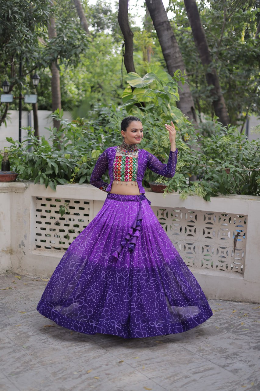 Purple Bandhani Print Lehenga with Kutchi Gamthi Patchwork & Matching Blouse