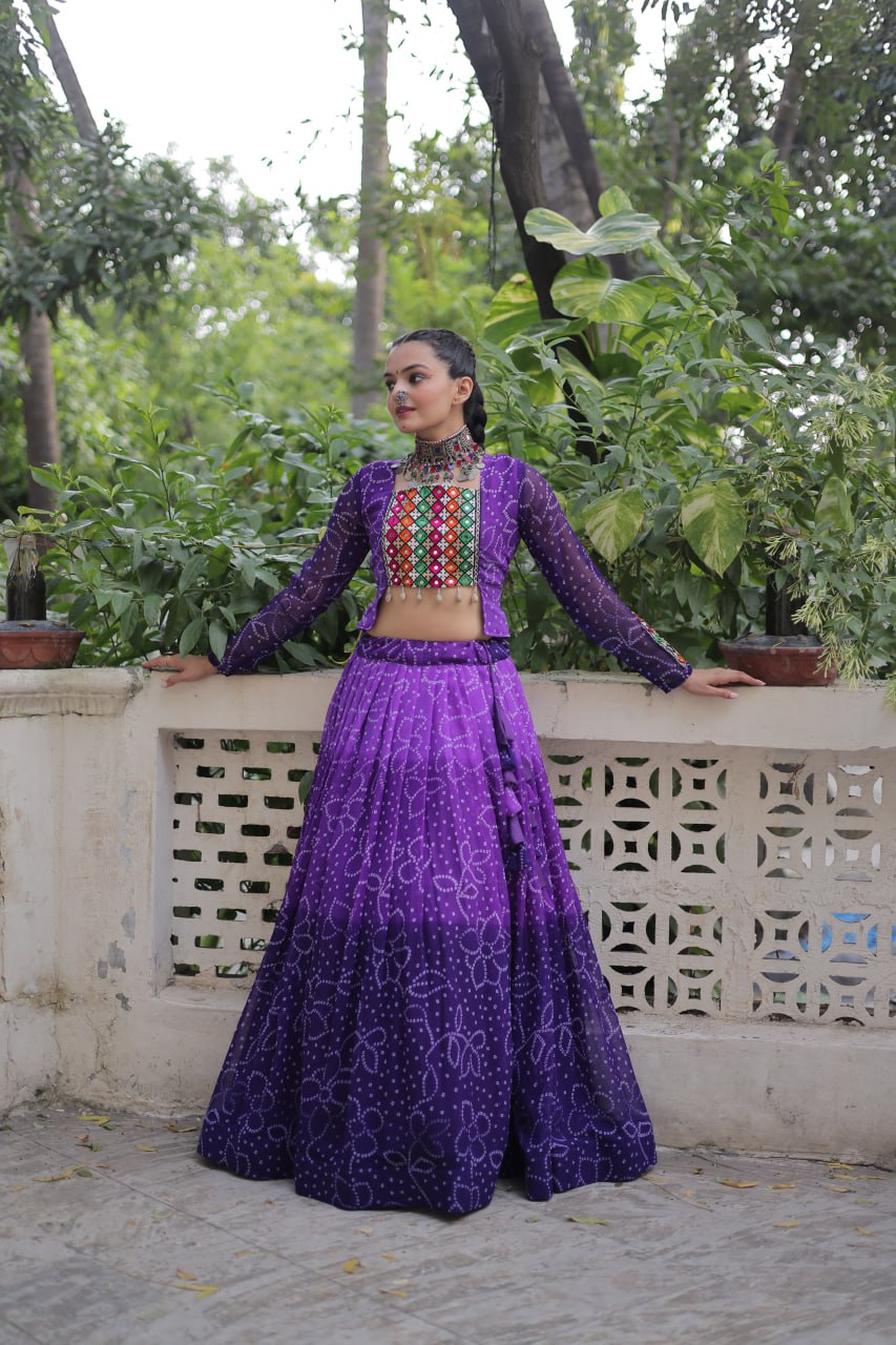 Purple Bandhani Print Lehenga with Kutchi Gamthi Patchwork & Matching Blouse