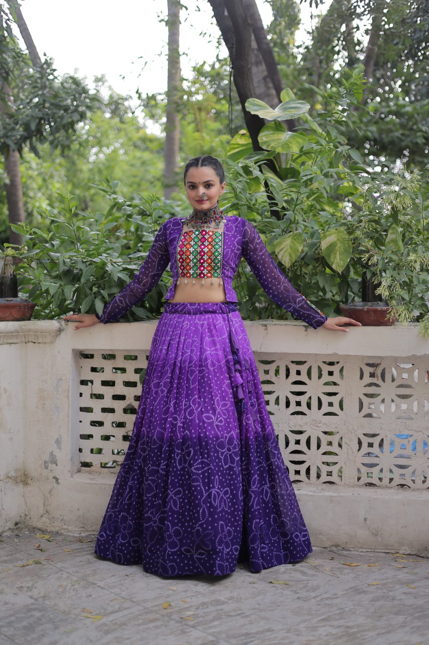 Purple Bandhani Print Lehenga with Kutchi Gamthi Patchwork & Matching Blouse