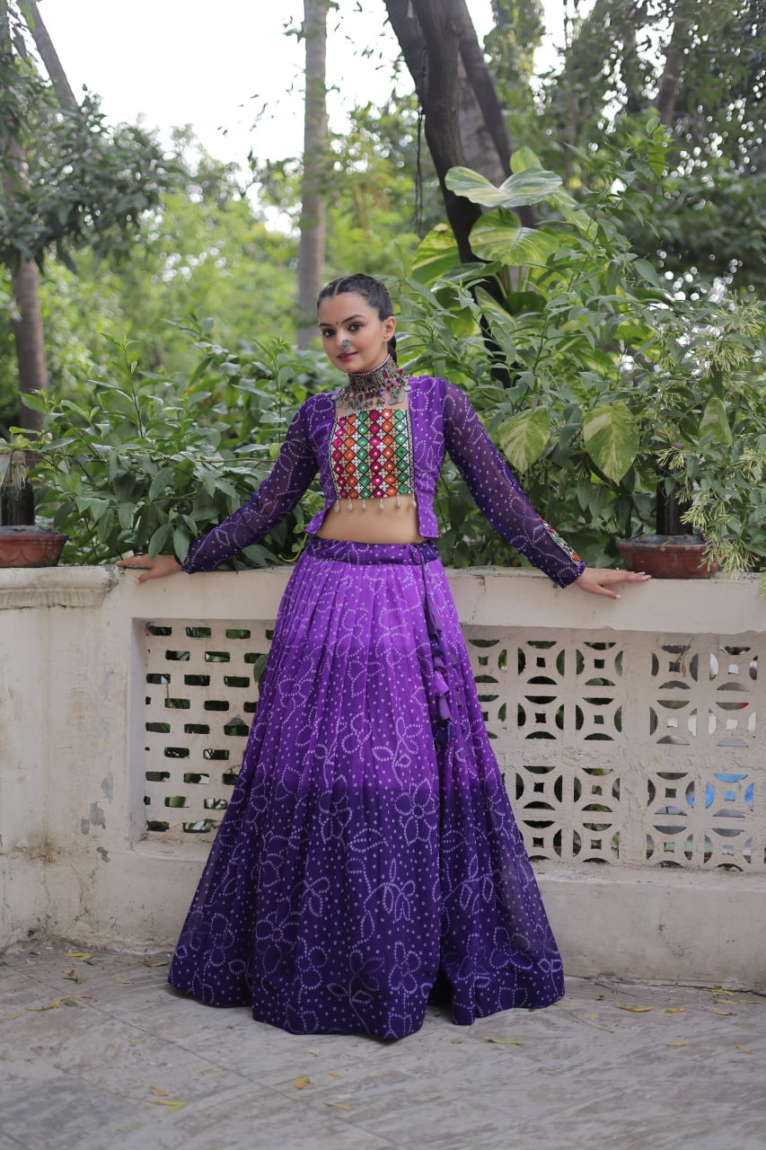 Purple Bandhani Print Lehenga with Kutchi Gamthi Patchwork & Matching Blouse