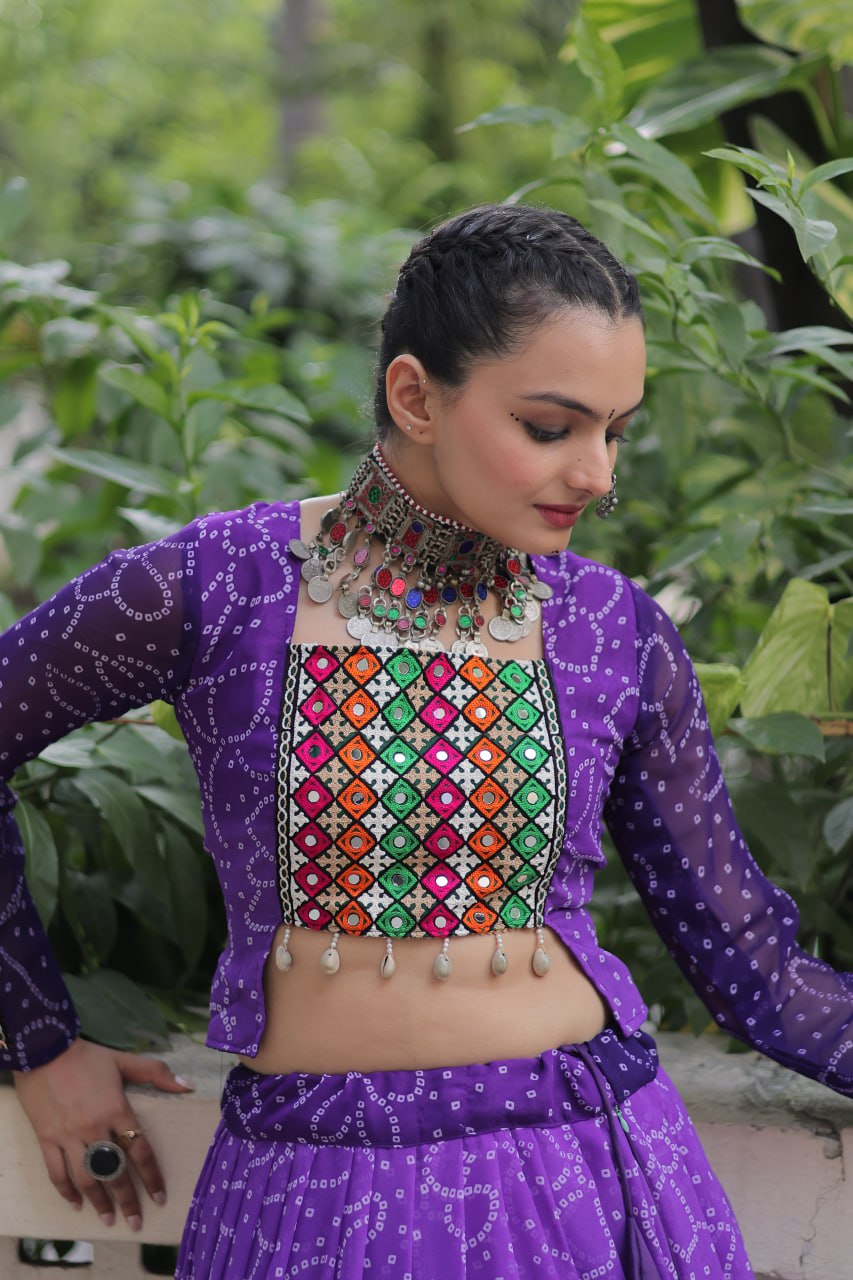 Purple Bandhani Print Lehenga with Kutchi Gamthi Patchwork & Matching Blouse