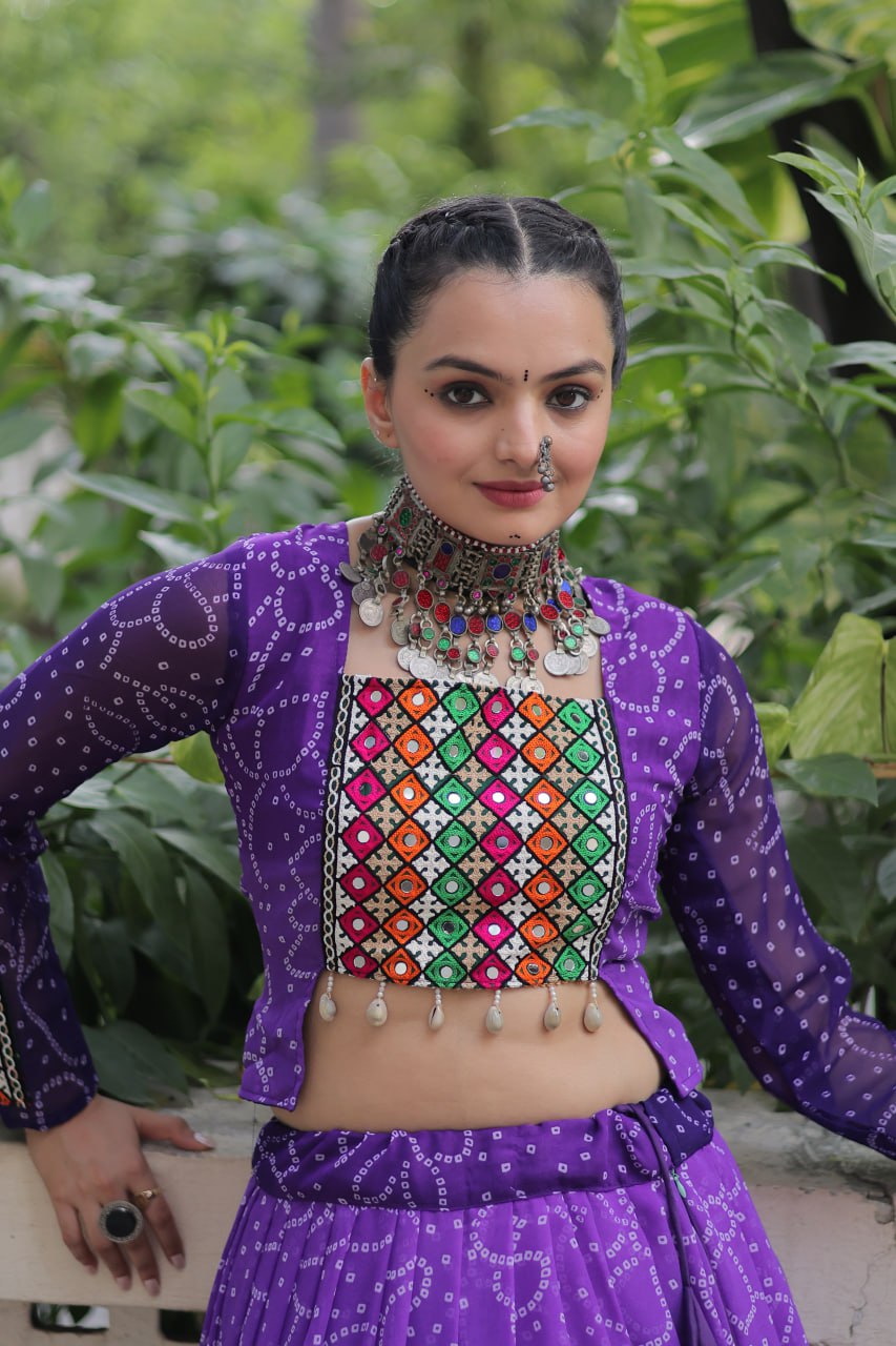 Purple Bandhani Print Lehenga with Kutchi Gamthi Patchwork & Matching Blouse