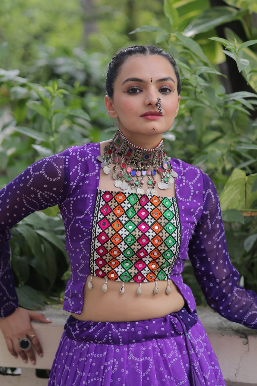 Purple Bandhani Print Lehenga with Kutchi Gamthi Patchwork & Matching Blouse