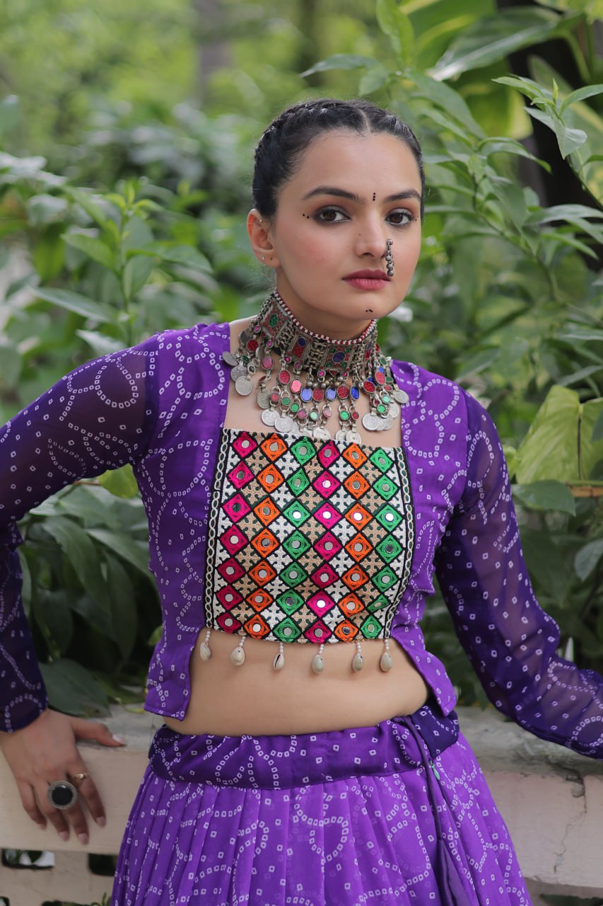 Purple Bandhani Print Lehenga with Kutchi Gamthi Patchwork & Matching Blouse