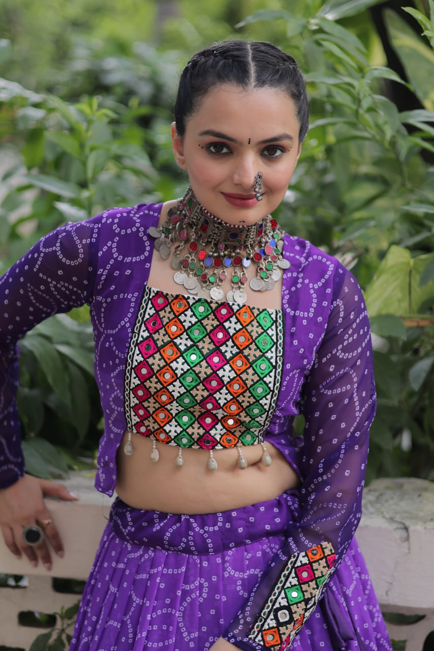 Purple Bandhani Print Lehenga with Kutchi Gamthi Patchwork & Matching Blouse