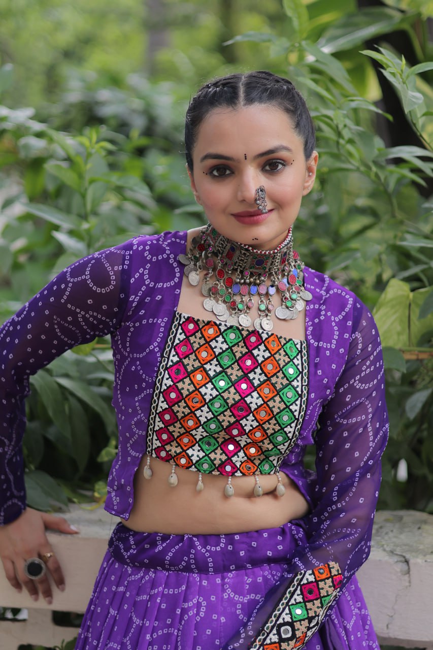 Purple Bandhani Print Lehenga with Kutchi Gamthi Patchwork & Matching Blouse