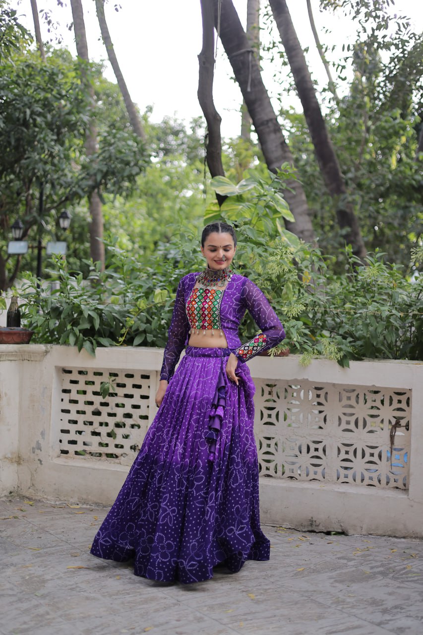 Purple Bandhani Print Lehenga with Kutchi Gamthi Patchwork & Matching Blouse