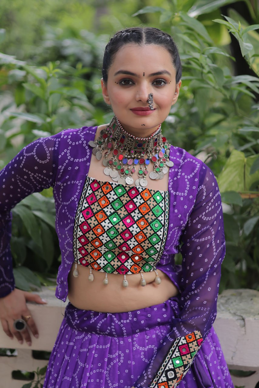 Purple Bandhani Print Lehenga with Kutchi Gamthi Patchwork & Matching Blouse