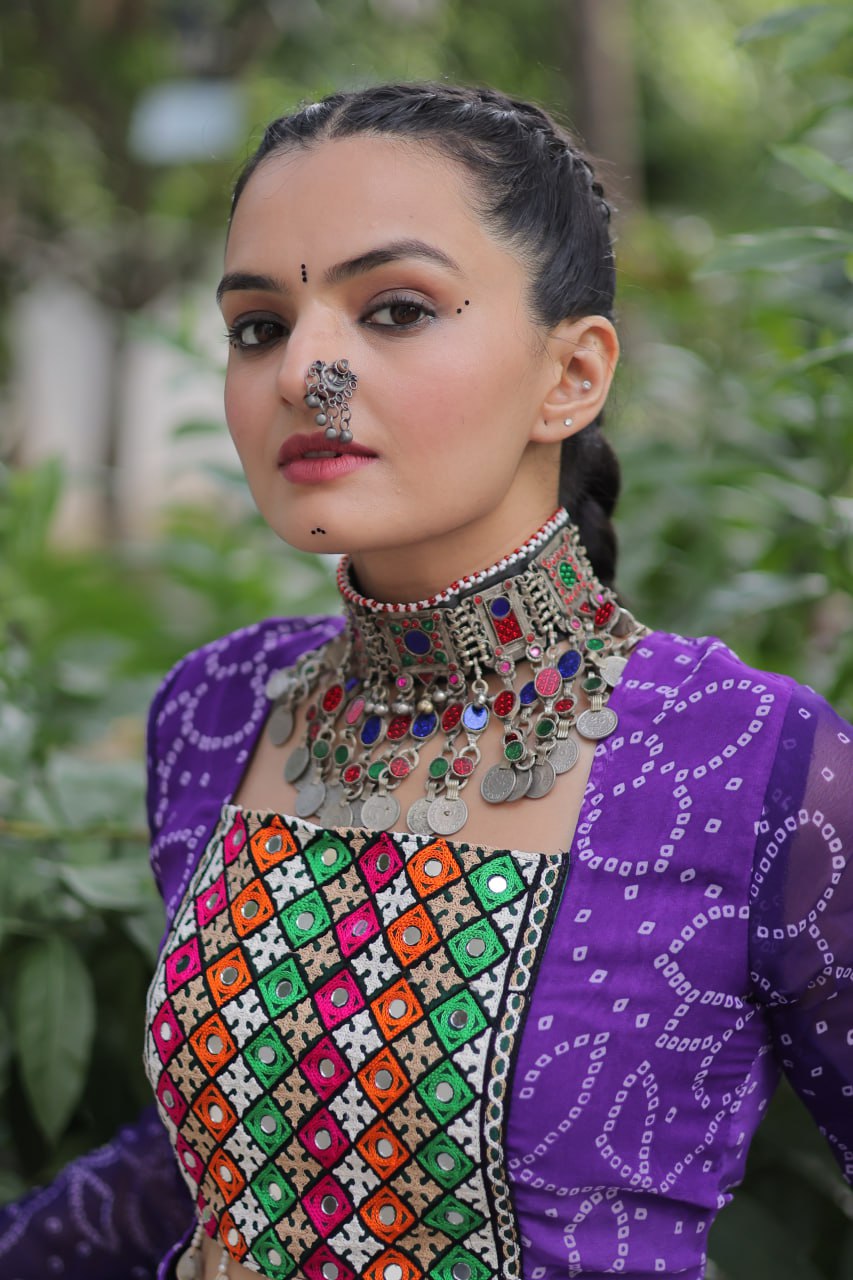 Purple Bandhani Print Lehenga with Kutchi Gamthi Patchwork & Matching Blouse