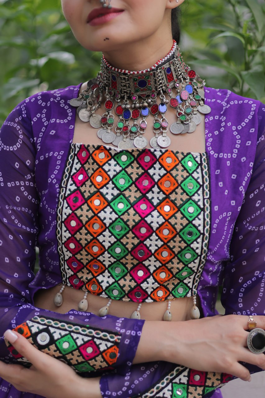 Purple Bandhani Print Lehenga with Kutchi Gamthi Patchwork & Matching Blouse