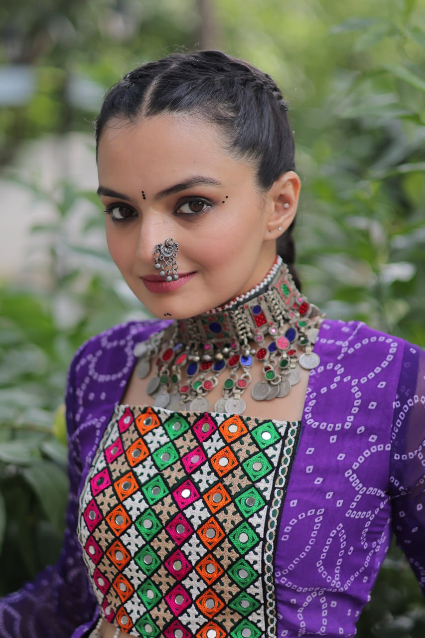Purple Bandhani Print Lehenga with Kutchi Gamthi Patchwork & Matching Blouse