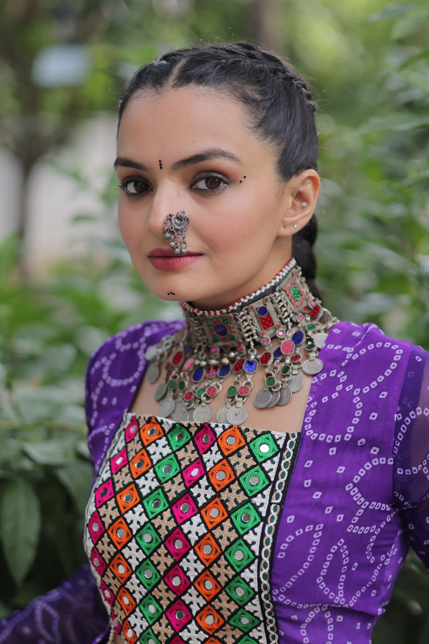 Purple Bandhani Print Lehenga with Kutchi Gamthi Patchwork & Matching Blouse