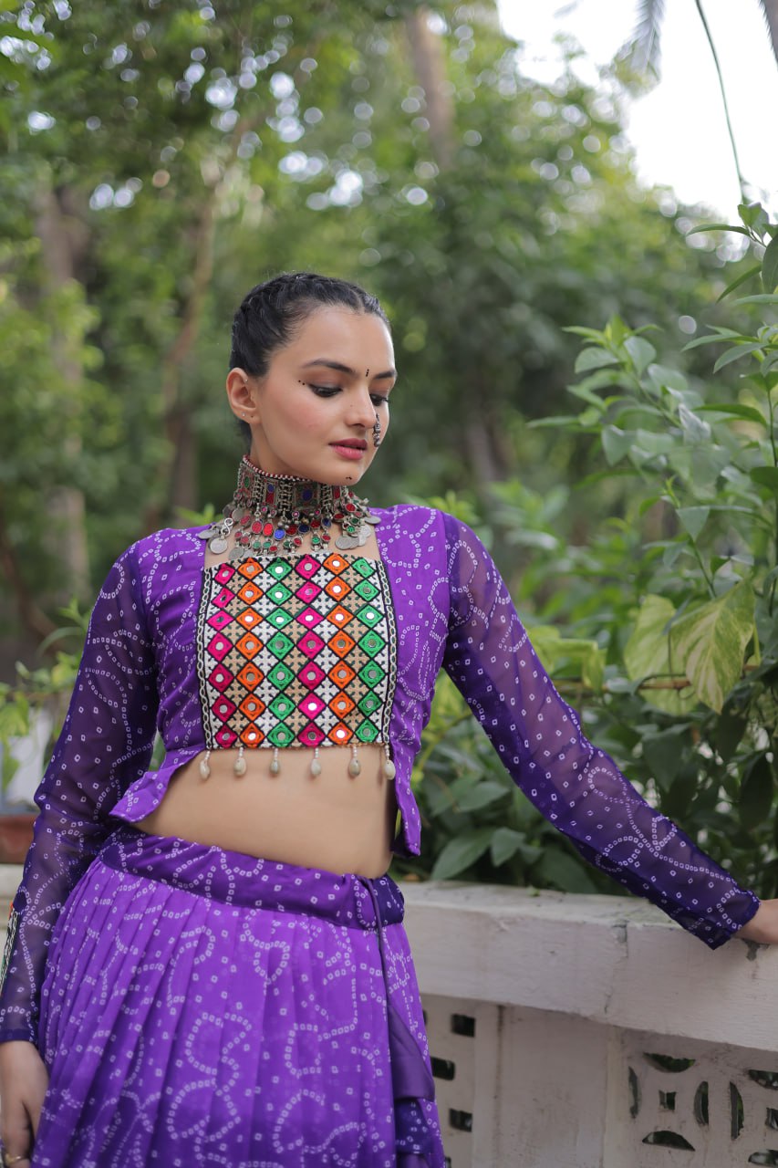 Purple Bandhani Print Lehenga with Kutchi Gamthi Patchwork & Matching Blouse