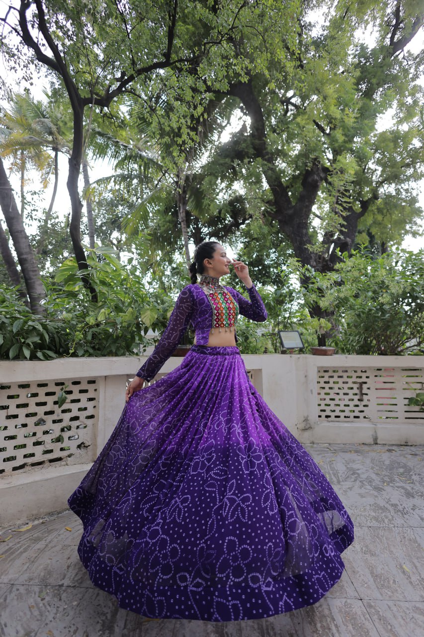 Purple Bandhani Print Lehenga with Kutchi Gamthi Patchwork & Matching Blouse