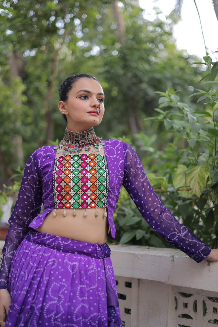 Purple Bandhani Print Lehenga with Kutchi Gamthi Patchwork & Matching Blouse