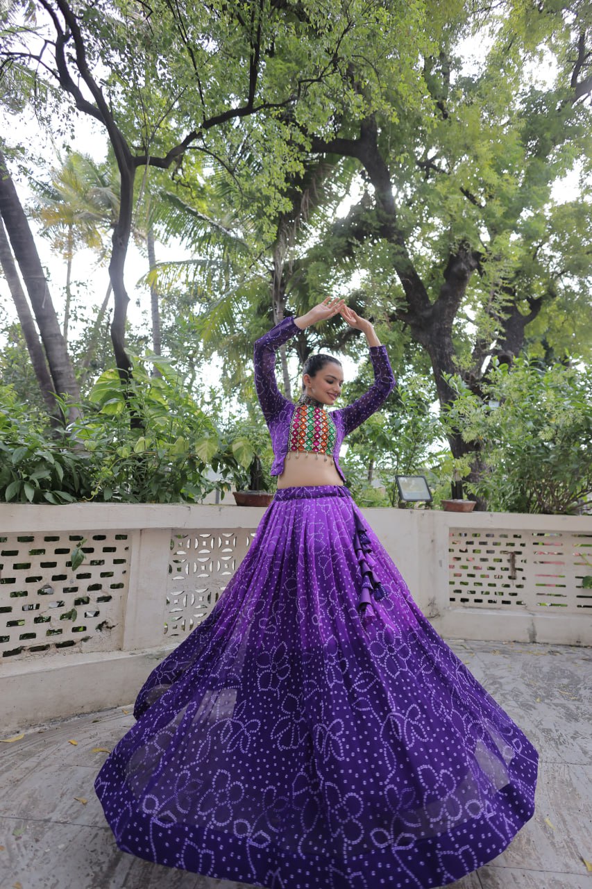 Purple Bandhani Print Lehenga with Kutchi Gamthi Patchwork & Matching Blouse
