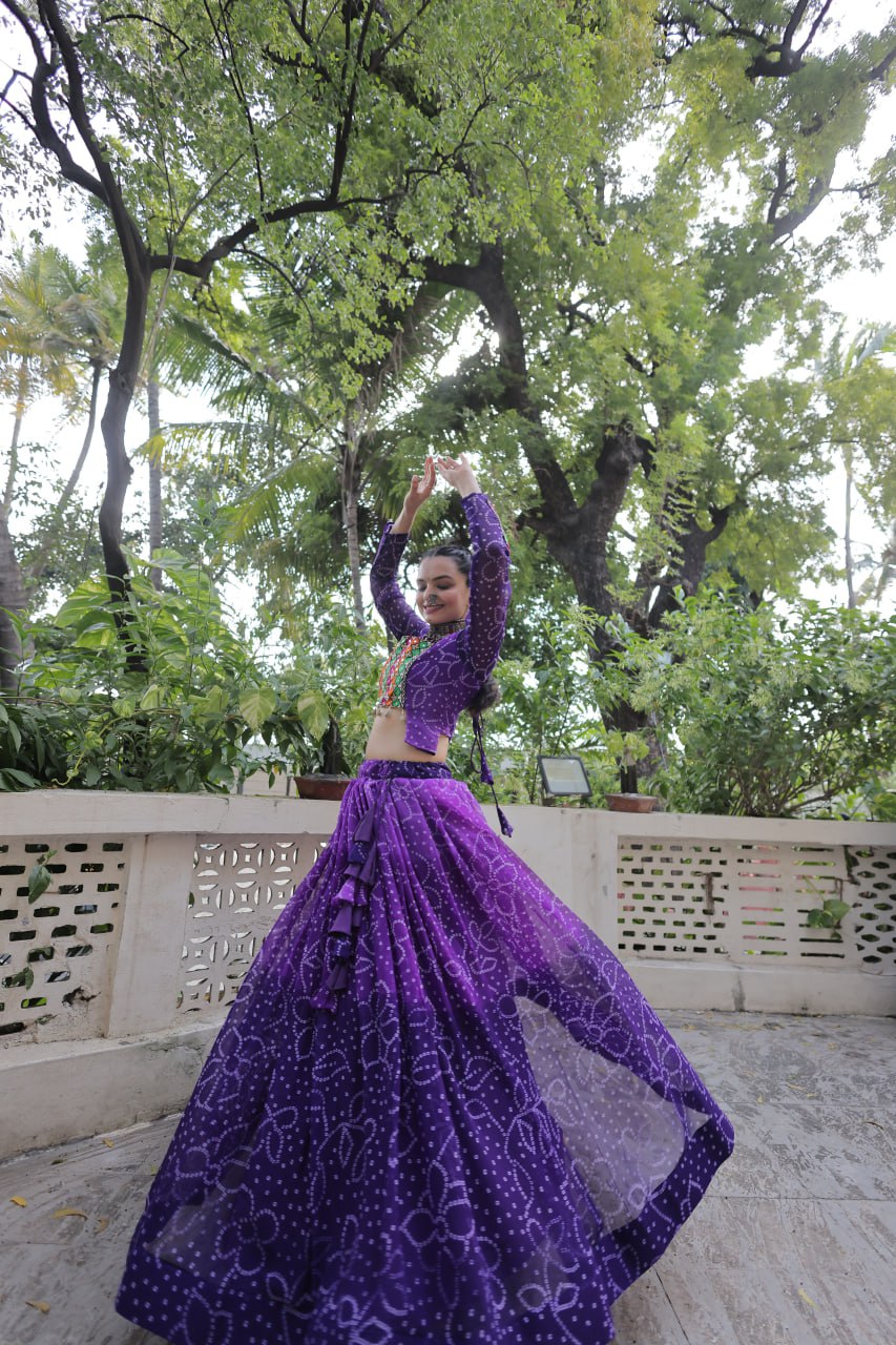 Purple Bandhani Print Lehenga with Kutchi Gamthi Patchwork & Matching Blouse