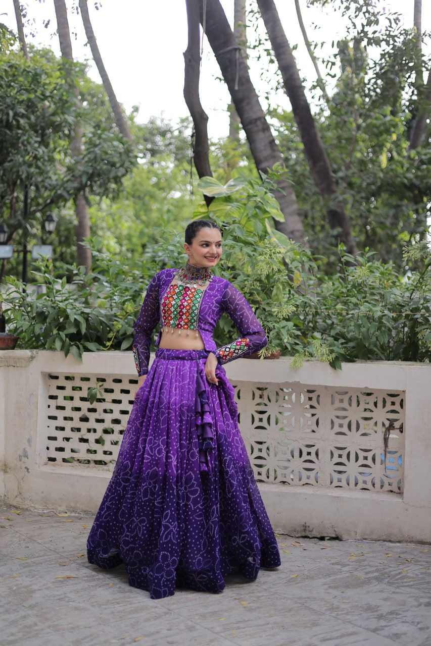 Purple Bandhani Print Lehenga with Kutchi Gamthi Patchwork & Matching Blouse