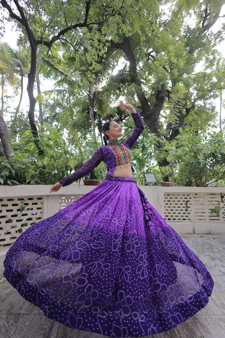 Purple Bandhani Print Lehenga with Kutchi Gamthi Patchwork & Matching Blouse