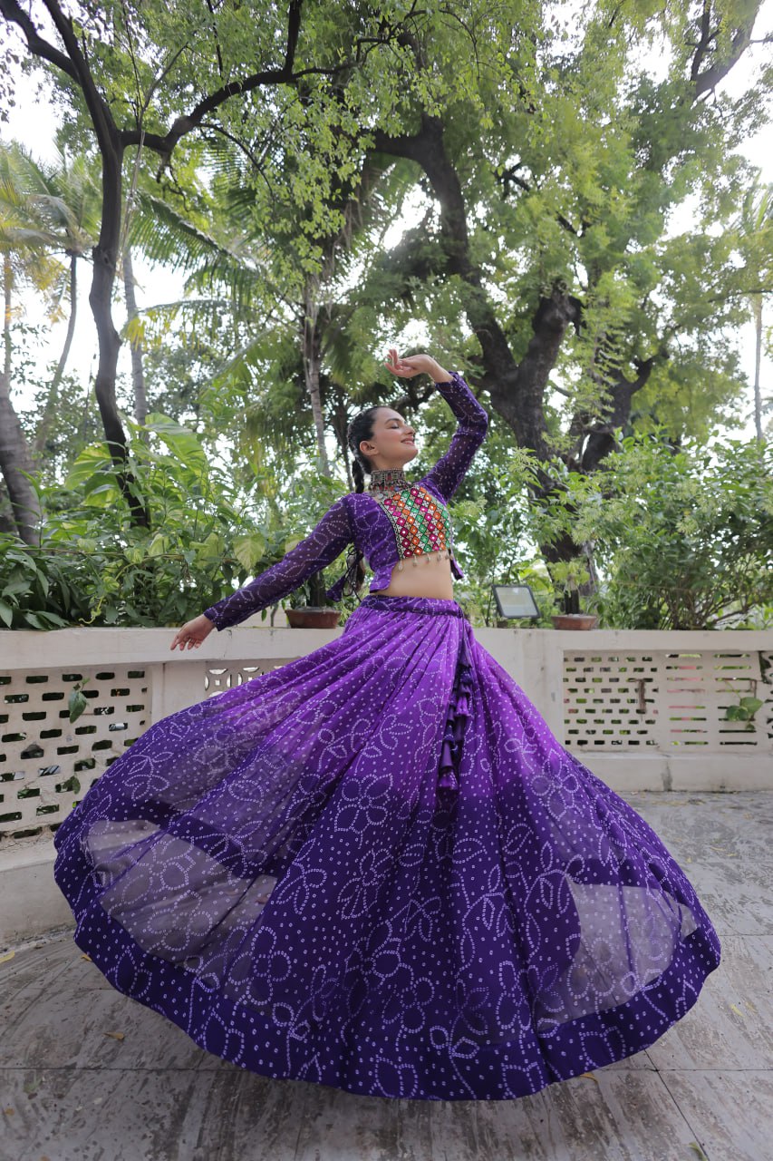 Purple Bandhani Print Lehenga with Kutchi Gamthi Patchwork & Matching Blouse