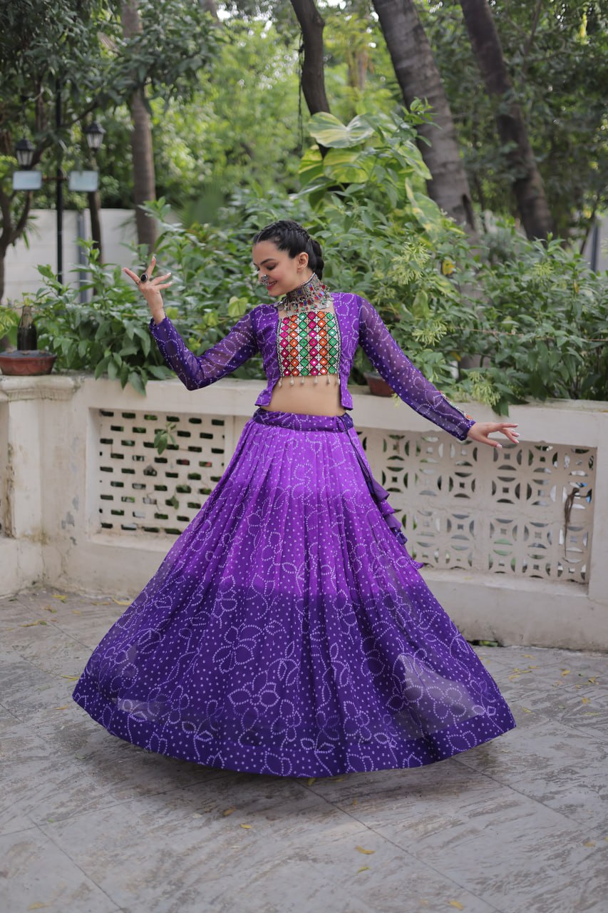 Purple Bandhani Print Lehenga with Kutchi Gamthi Patchwork & Matching Blouse