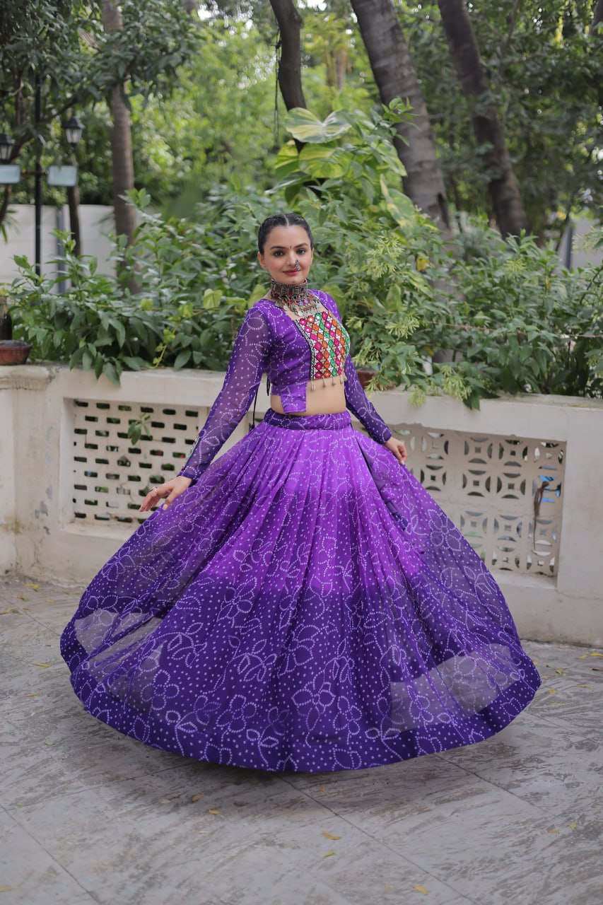 Purple Bandhani Print Lehenga with Kutchi Gamthi Patchwork & Matching Blouse