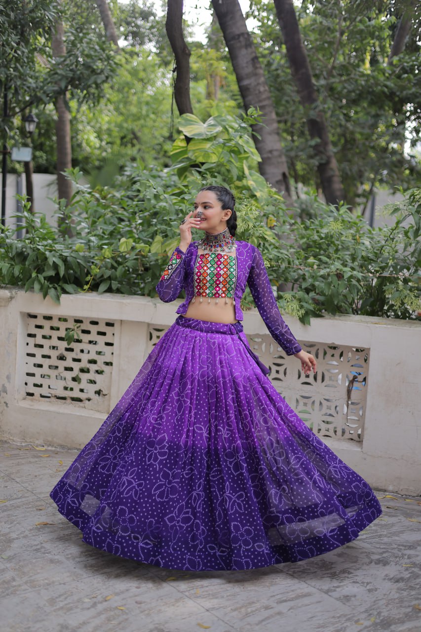 Purple Bandhani Print Lehenga with Kutchi Gamthi Patchwork & Matching Blouse