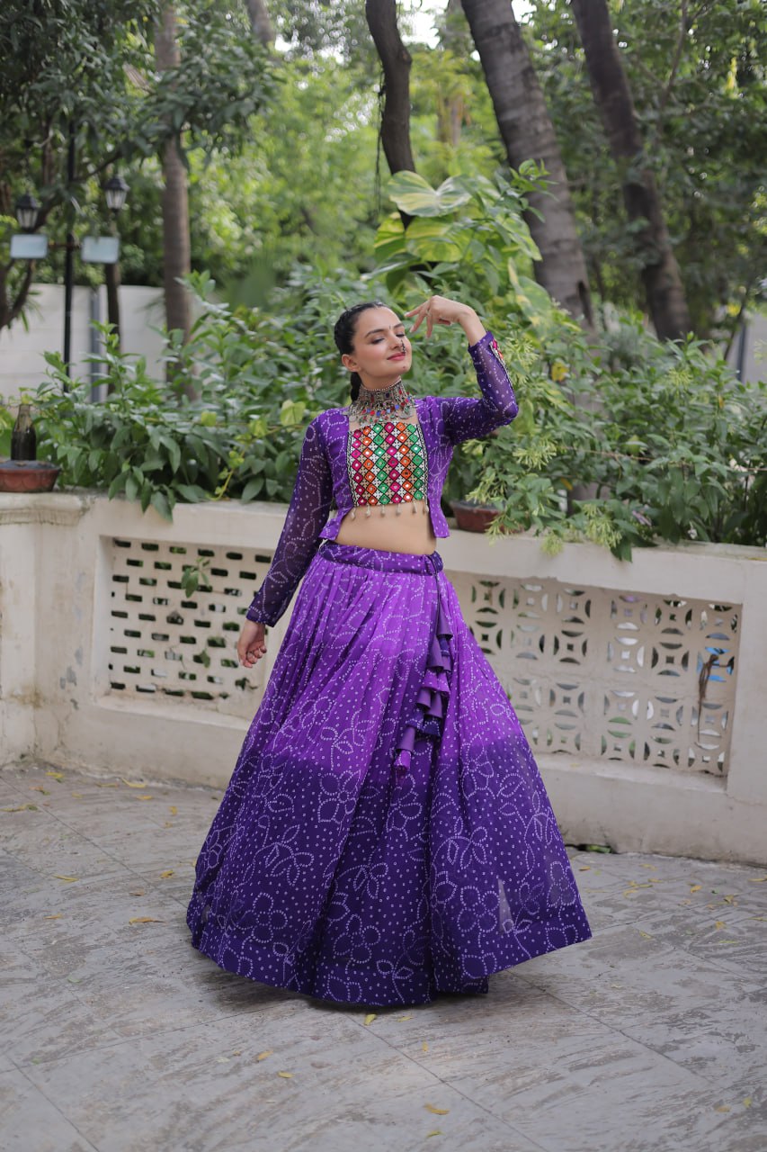 Purple Bandhani Print Lehenga with Kutchi Gamthi Patchwork & Matching Blouse