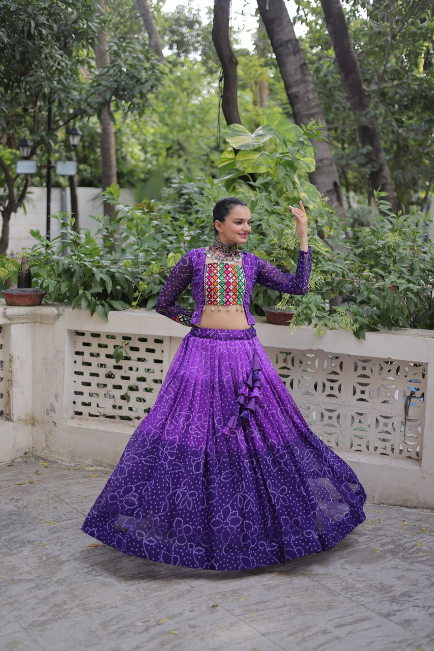 Purple Bandhani Print Lehenga with Kutchi Gamthi Patchwork & Matching Blouse