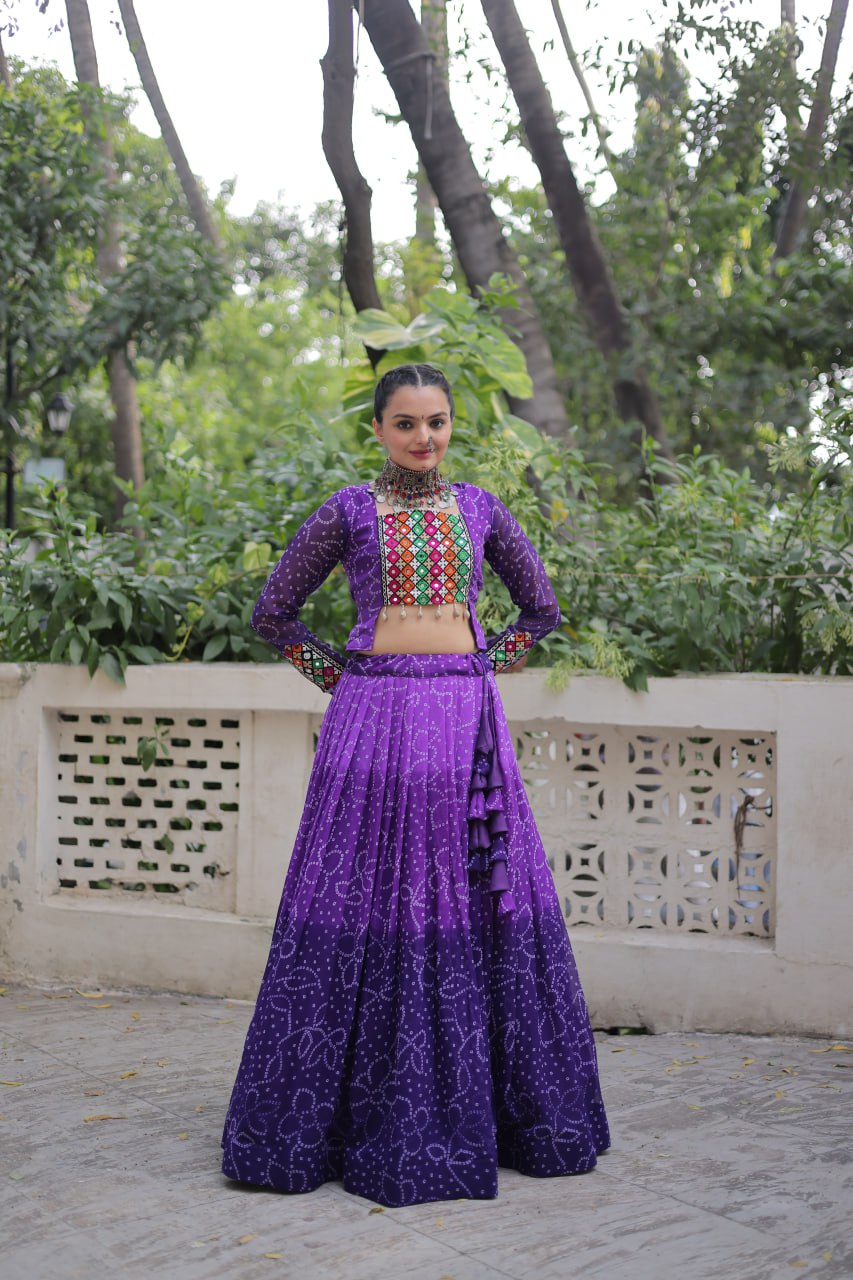 Purple Bandhani Print Lehenga with Kutchi Gamthi Patchwork & Matching Blouse