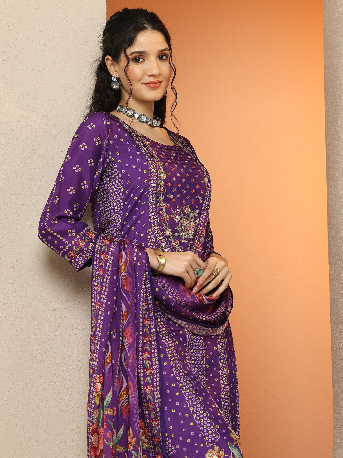 Anouk Purple Bandhani Printed Silk Blend Straight Suit Set With Dupatta
